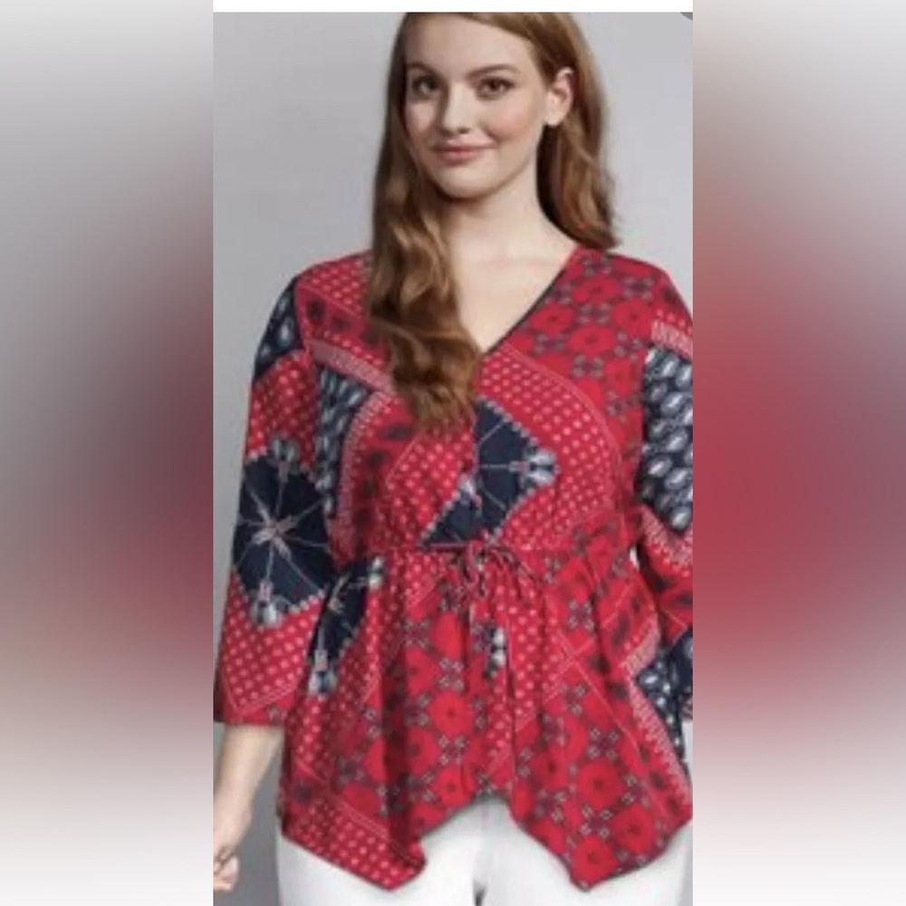 Lane Bryant Red Bandana Paisley Blouse Bell Sleeves V Neck 26/28👍